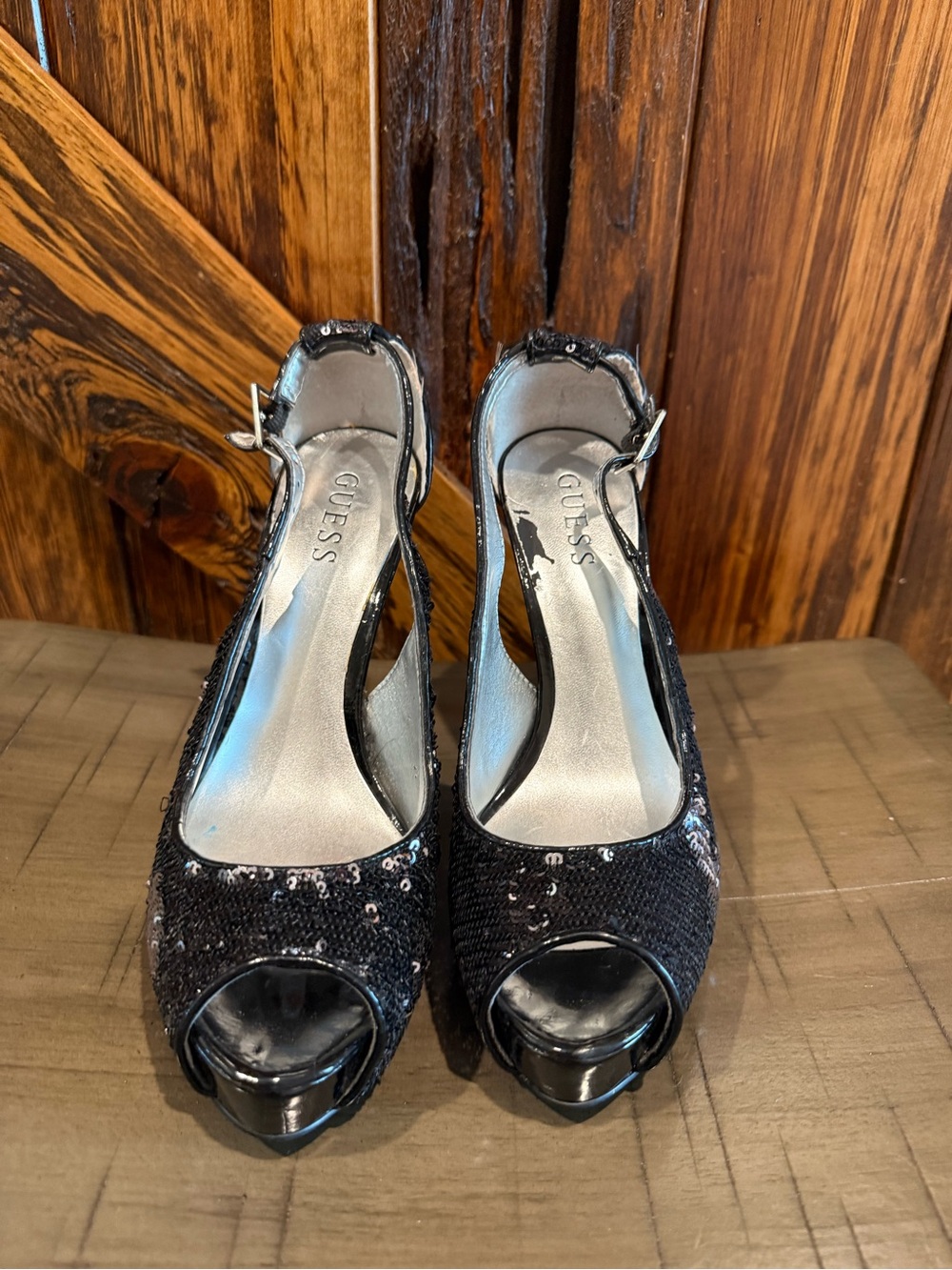 GUESS Black Sequin Peep-Toe Slingback Heels